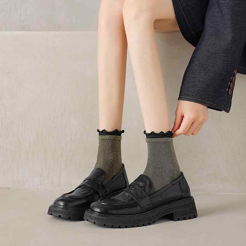 革靴 パステル色の シープスキン 黒 分かりやすい 心地よい 窈窕たる 厚底置き目毛革 レディース 御上さん フレンチ レトロ シューズ ホンブルグ帽 革靴 通学