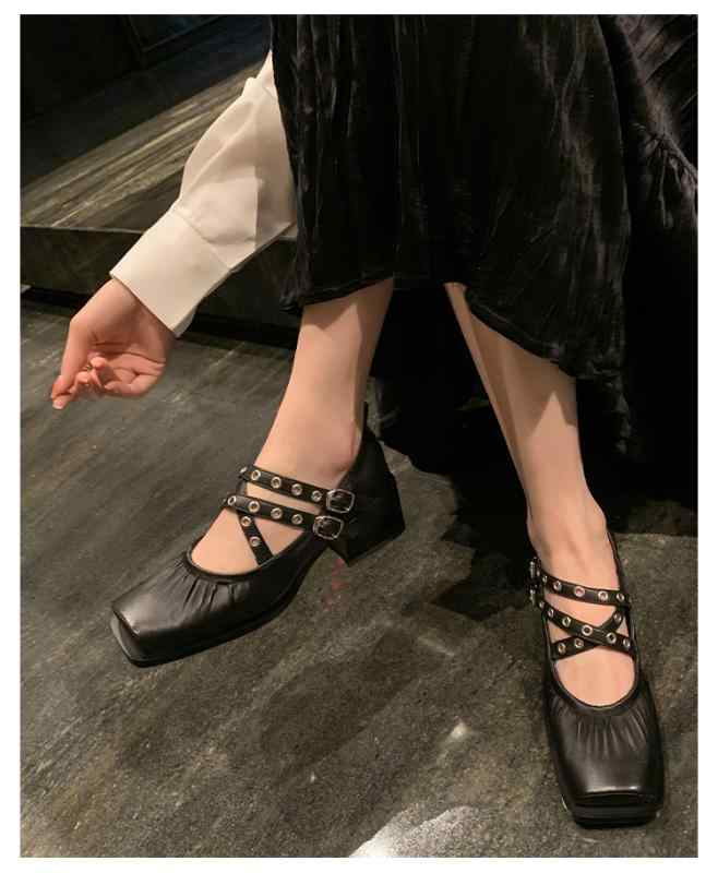 パンプス シープスキン 御上さん ヴィンテージ風 スクエアトゥ バレー シューズ 厚底 踵 まっ黒い 差し交わす 同盟罷業一巡り メリージェーン 革 窈窕たる
