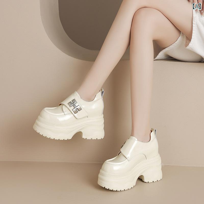 12cm 厚底 ハイヒール ローファー レザー シューズ 女性 春 無地 シンプル ラウンドトゥ 美脚 歩きやすい