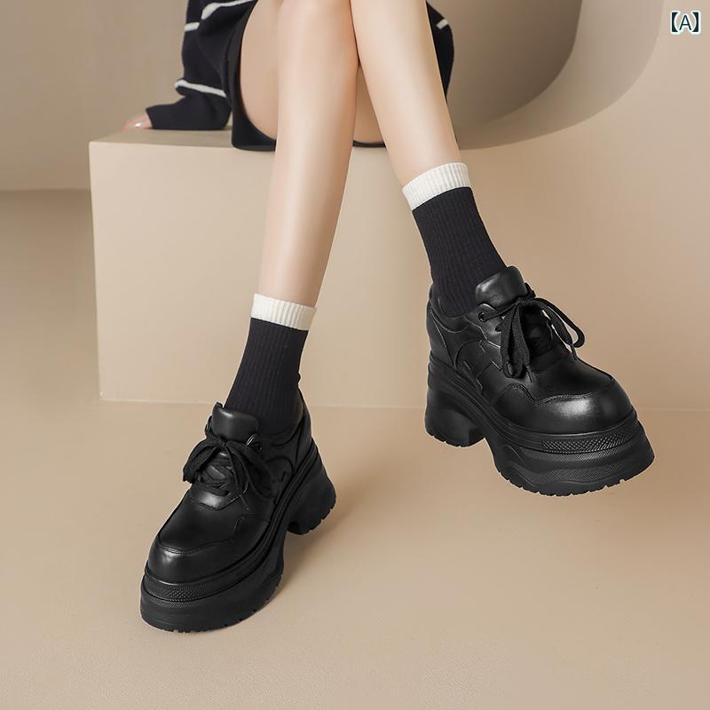 12CM プラットフォーム シューズ 厚底 靴 女性 革 ラウンドトゥ レースアップ カジュアル ハイヒール 安定感