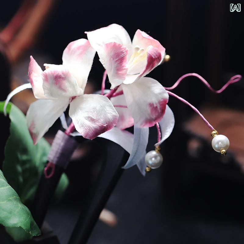 簪 女性用 U字かんざし 黒檀 瑞香花モチーフ 絹ベルベット 中華風 漢服 古典調 髪飾り ヘアアクセサリー 上品 エレガント 和装 多用途 普段使い パーティー イベント