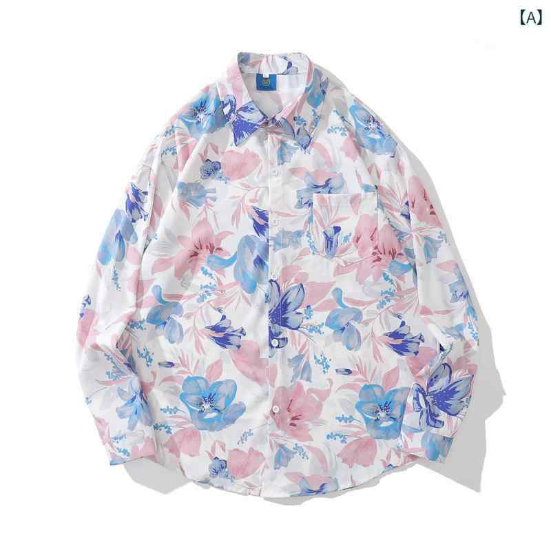 開襟シャツ メンズ 長袖 花柄 レトロ ゆったり ルーズフィット オーバーサイズ カップル ペアルック 着回し 個性的 ストリート カジュアル クール ポリエステル ブルー レッド 秋 秋冬 トップス アウター 羽織り