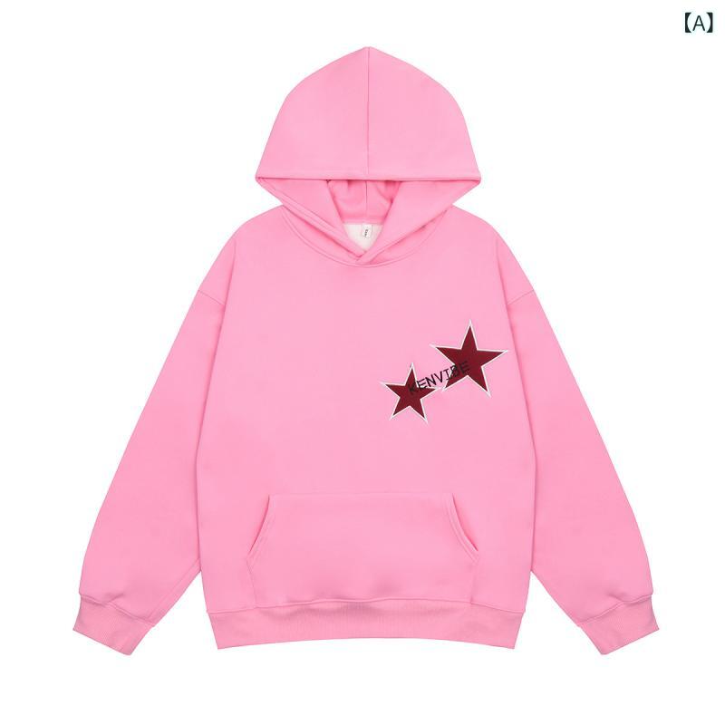 パーカー メンズ 男性用 カップル アメリカンカジュアル アメカジ レトロ ストリート 五芒星 アップリケ 刺繍 厚手 ルーズシルエット オーバーサイズ 綿 コットン パッチポケット ピンク ネイビー 秋冬 普段使い カジュアル