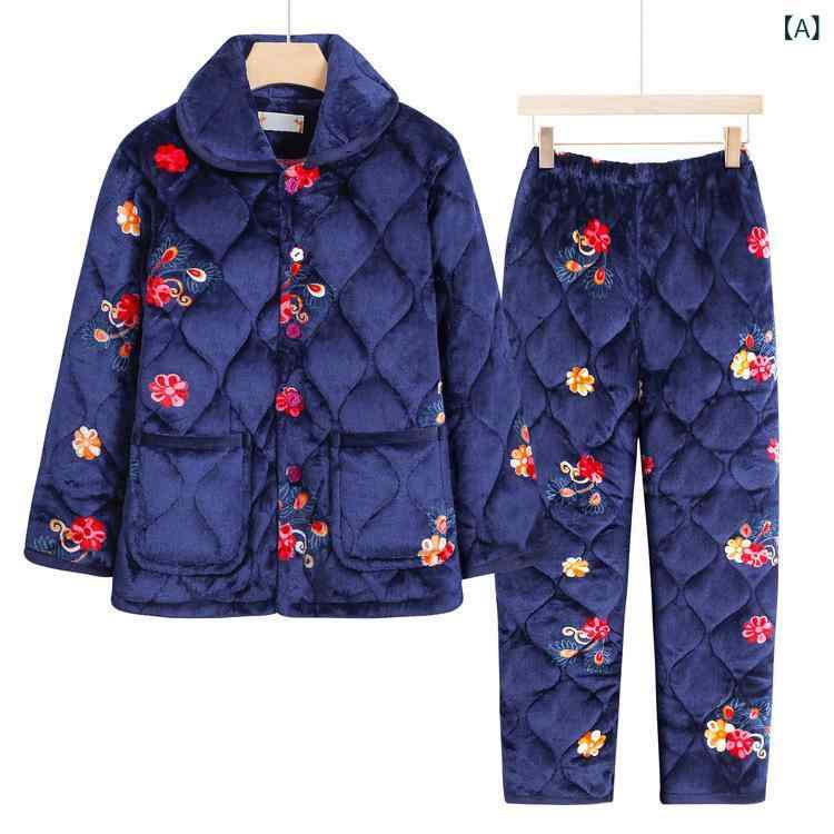 ルームウェア レディース シニア 女性用 秋冬 前開き 保温 裏起毛 厚手 ゆったり セットアップ 上下セット パジャマ トップス ロングパンツ ネイビー 紺 暖かい あったか