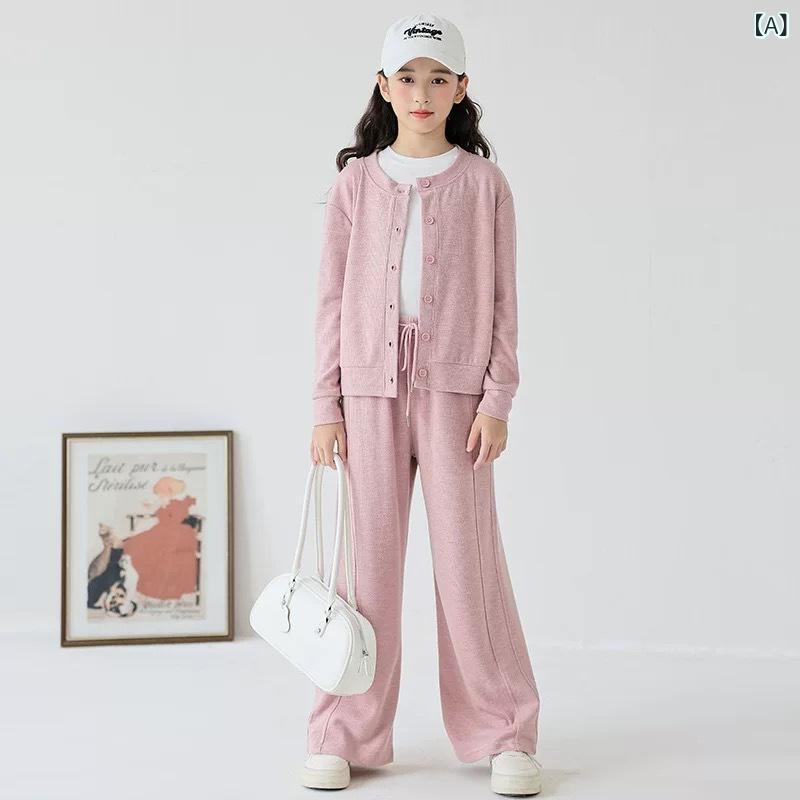セットアップ 女の子 キッズ ジュニア 長袖 カーディガン ワイドパンツ 2点セット カジュアル 親子コーデ リンクコーデ 小学生 中学生 通学着 綿素材 柔らか素材 無地 韓国ファッション トレンド 秋冬 ピンク グレー