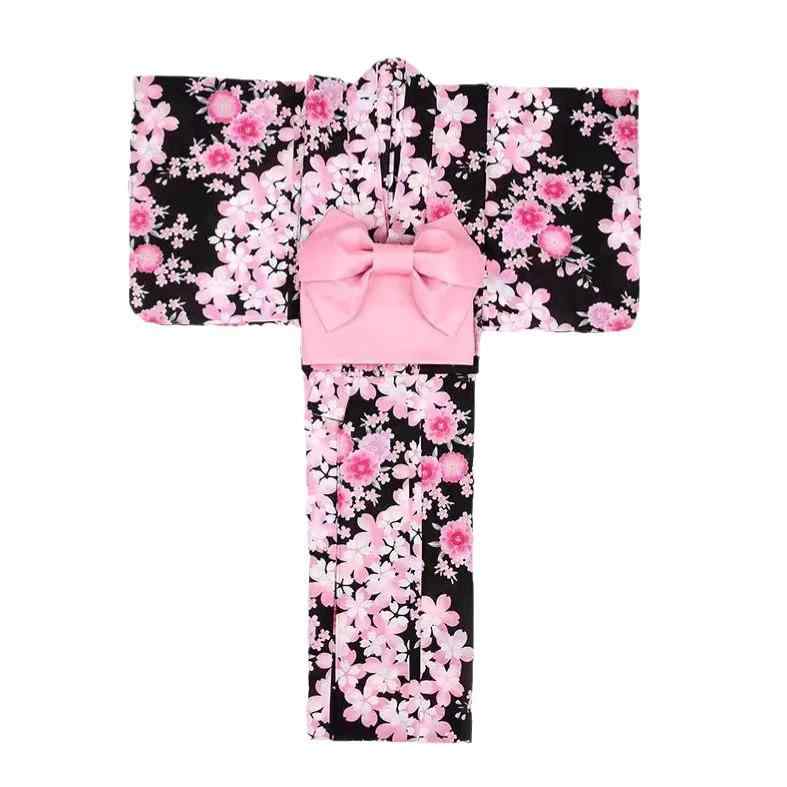 着物 レディース 女性用 黒 ブラック ピンク 桜 花柄 シワになりにくい イージーケア ポリエステル 和装セット 春夏 イベント お祭り 花火大会 普段使い