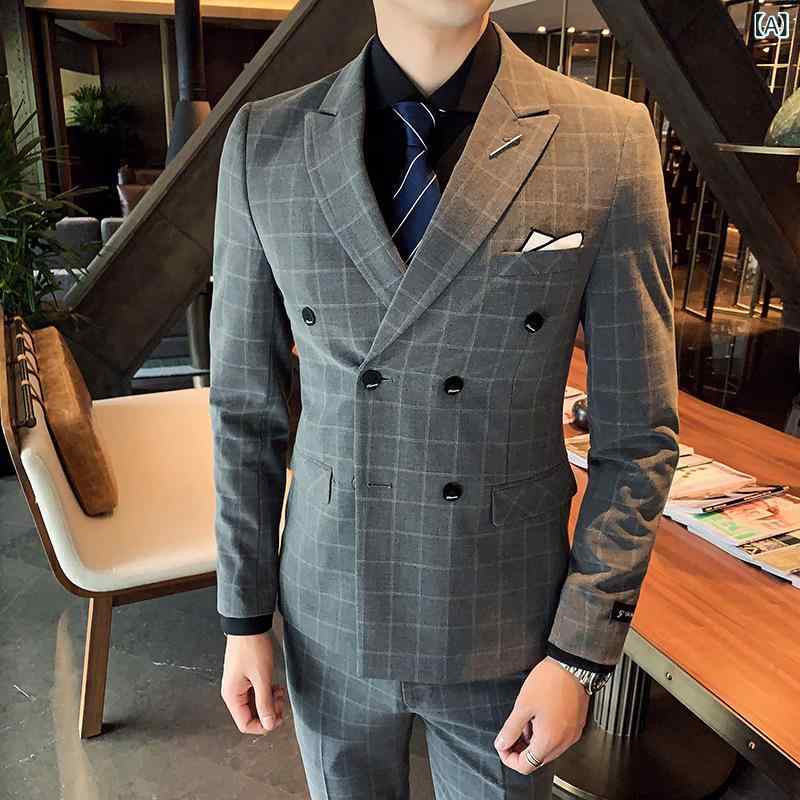 スーツ メンズ ダブルブレスト チェック柄 スリーピース スリムフィット 結婚式 新郎 フォーマル ビジネス パーティー 披露宴 セレモニー スタイリッシュ セットアップ グレー系｜ラ・グラーヌ