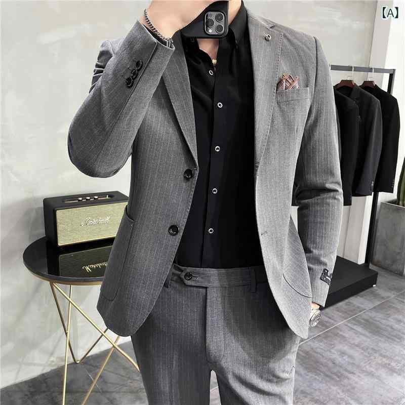 スーツ メンズ 男性用 ストライプ柄 スリムフィット セットアップ 2ピース ビジネス フォーマル 通勤 礼服 結婚式 ウェディング 披露宴 パーティー ストレッチ スタイリッシュ 高品質感