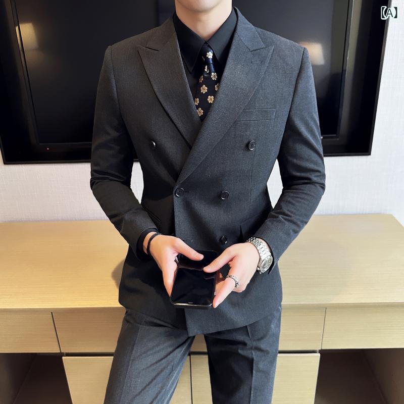 スーツ メンズ 男性用 スリーピース セットアップ 結婚式 礼服 ウェディング フォーマル ブライダル 新郎 介添人 ビジネス ダブルブレスト ピークドラペル スリムフィット 細身 ポリエステル 切り替え グレー ブラック｜ラ・グラーヌ 9,231円