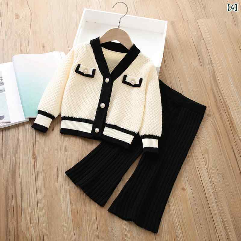 子供服 女の子 キッズ ニット セットアップ 韓国風 おしゃれ 上品 長袖 カーディガン フレアパンツ 秋冬 アクリル素材 柔らかい肌触り 無地 アイボリー オフホワイト お出かけ 通園 通学