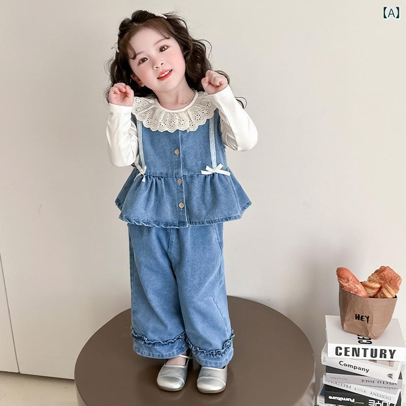 キッズ 女の子 セットアップ デニム 綿 コットン 長袖トップス ベスト パンツ 3点セット 蝶々結び フリル おしゃれ かわいい 韓国風 カジュアル 普段使い お出かけ 春秋