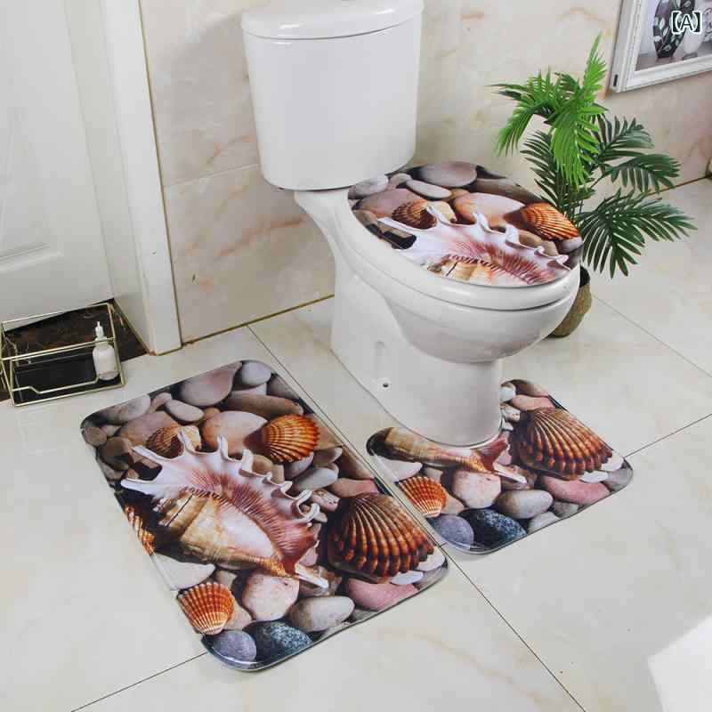 バスマット トイレマット 3点セット フランネル ポリエステル 吸水 速乾 滑り止め プリント 海洋 シェルストーン柄 モダン 長方形 丸洗い 足元マット