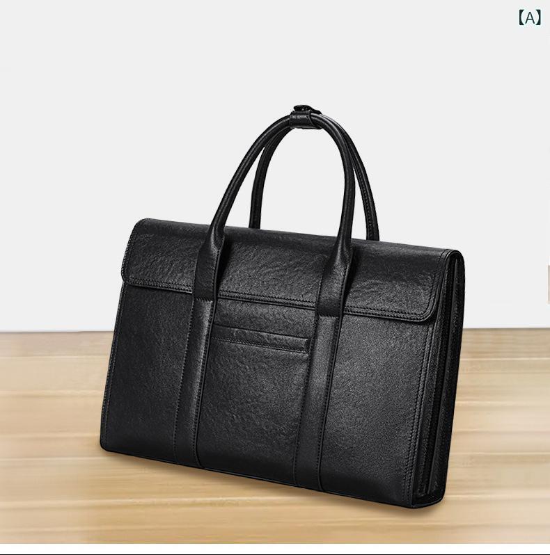 手提げバッグ メンズ 男性用 本革 牛革 シボ加工 ブリーフケース ビジネスバッグ 大容量 15インチPC収納 ブラック 無地 切り替え 通勤 デイリーユース 普段使い
