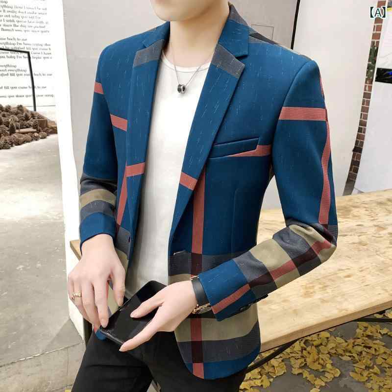 テーラードジャケット メンズ 春秋 チェック柄 スリムフィット ビジネス 通勤 きれいめカジュアル 韓国ファッション 上質 ポリエステル 形態安定