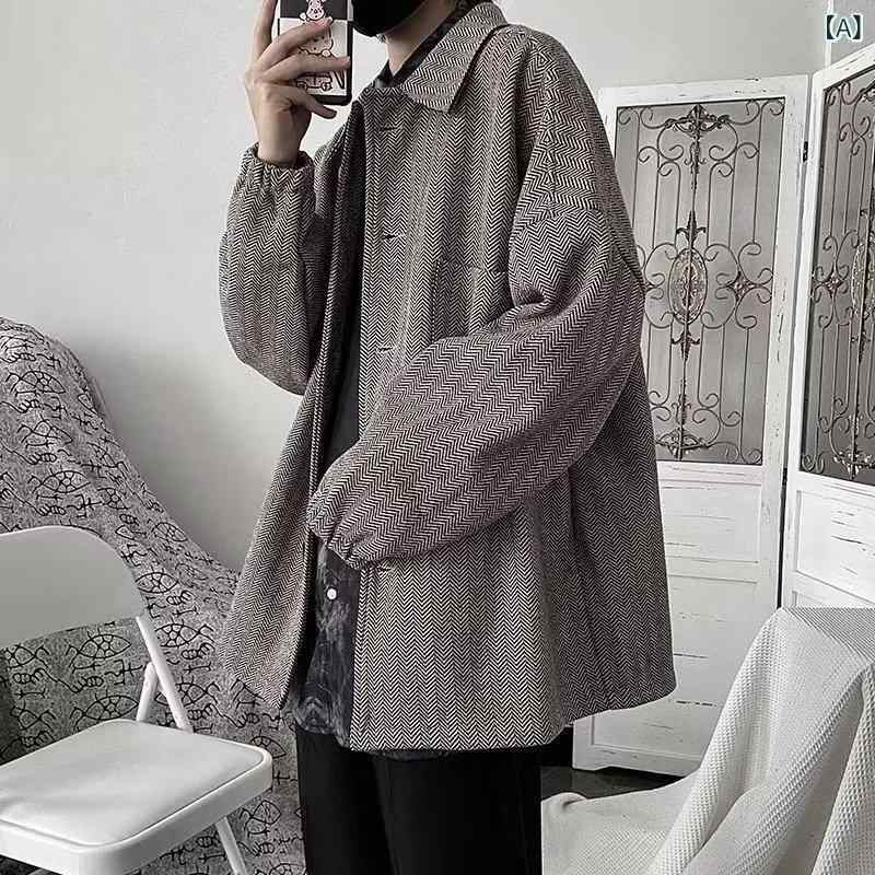 テーラードジャケット メンズ 男性用 メルトン ウール混 韓国風 トレンド カジュアル ゆったり ルーズフィット コート アウター 秋冬 ダークグレー 暖かい 保温性 普段使い 着回し