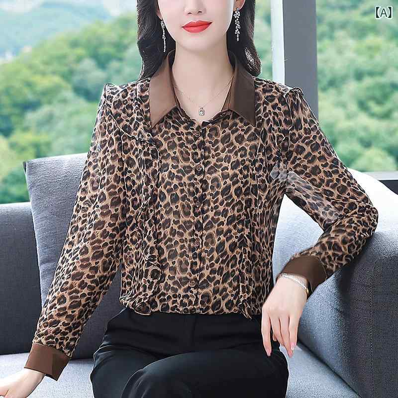 ブラウス レディース 女性用 高級感 ヒョウ柄 長袖 フリル ポロ襟 ゆったり オーバーサイズ プリント 切り替え ポリエステル 春秋 通勤 オフィス エレガント きれいめ トップス