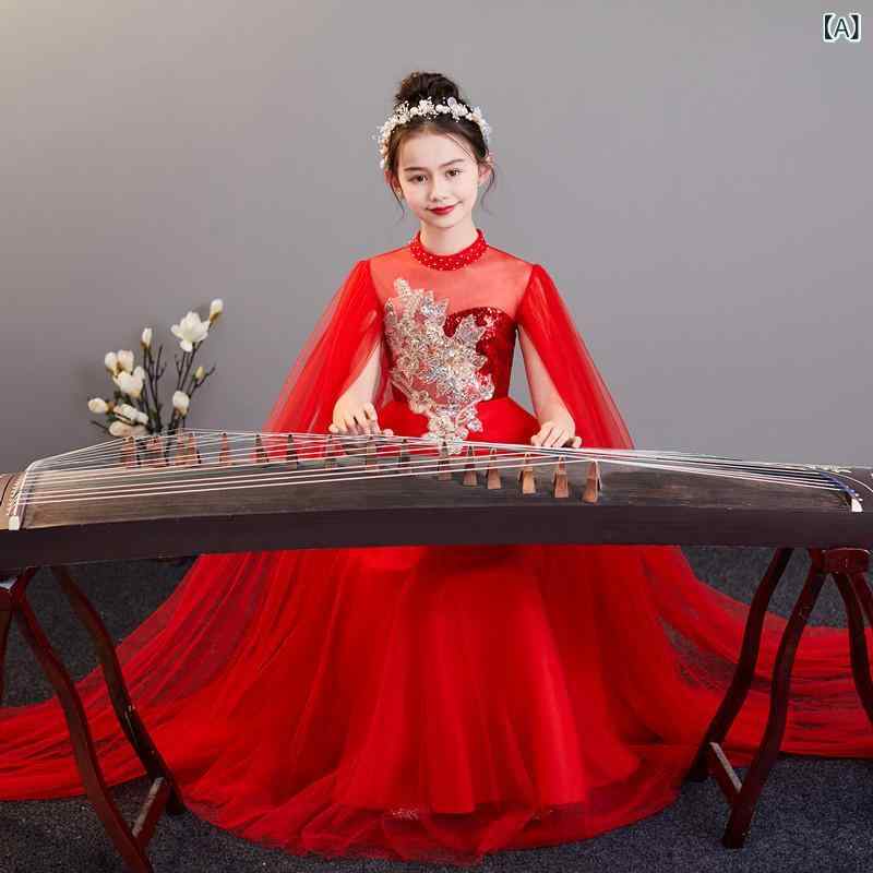 チャイナドレス キッズ 女の子 中国風 古筝 ピアノ 発表会 演奏会 合唱 ステージ衣装 花柄 かわいい プリンセス ロング丈 水袖 赤 ポリエステル混紡 ロングワンピース