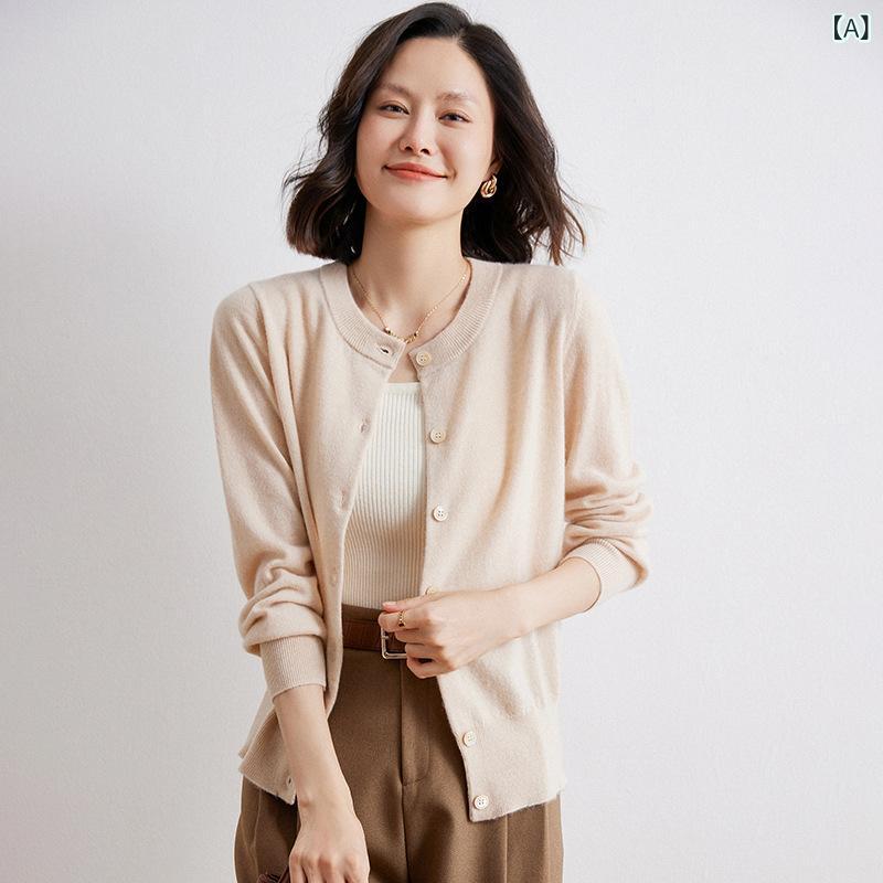 ニット レディース 100%純山羊カシミヤ 秋冬 クルーネック ボタン パフスリーブ リブ カーディガン セーター 上質 無地 長袖 通勤 オフィス きれいめ 羽織り｜ラ・グラーヌ
