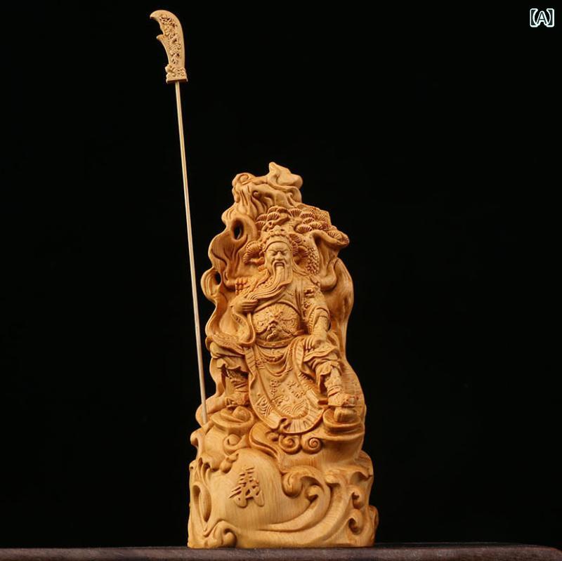 置物 黄楊木製 木彫り 関羽像 関聖帝君 忠義 武将 武財神 常勝将軍 財運 金運 勝負運 開運 招福 厄除け 魔除け 中国風 インテリア オブジェ 玄関 リビング 書斎 オフィス デスク飾り 縁起物