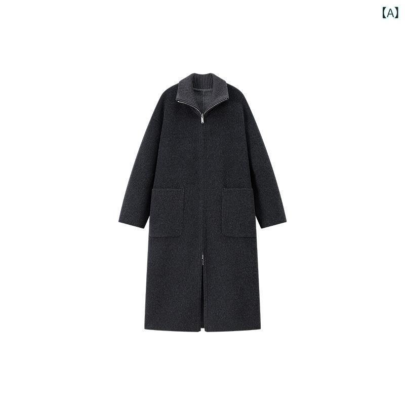 コート レディース ニット スタンドカラー 切り替え ダブルフェイス カシミヤ ウール ロング丈 ジップアップ 秋冬 シンプル ミニマル アウター ゆったり 厚手 ポケット付き 上質 オフィス カジュアル
