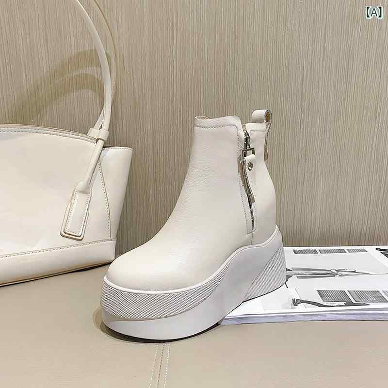 ショートブーツ レディース ブーツ 9.5cm 超ハイヒール カジュアル 秋冬 ラウンドトゥ 厚底 インヒール サイドジップ 牛革 裏ボア 防滑 ブラック オフホワイト