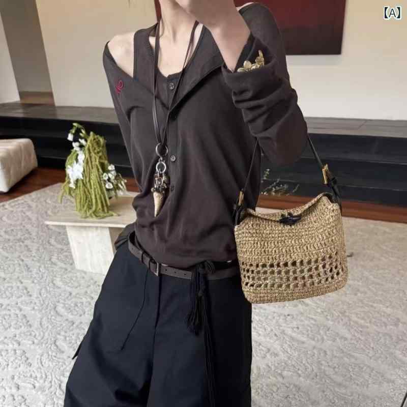 御徒面子 レディース かぎ針編み 編み込み 壱肩部 肩かけ 脇下 手提げ 麦わら風 牛皮 レトロ ヴィンテージ 横型 真四角 赤銅色 薄墨色 黒いこと 春夏 デイリー若い衆 シティ心地よい
