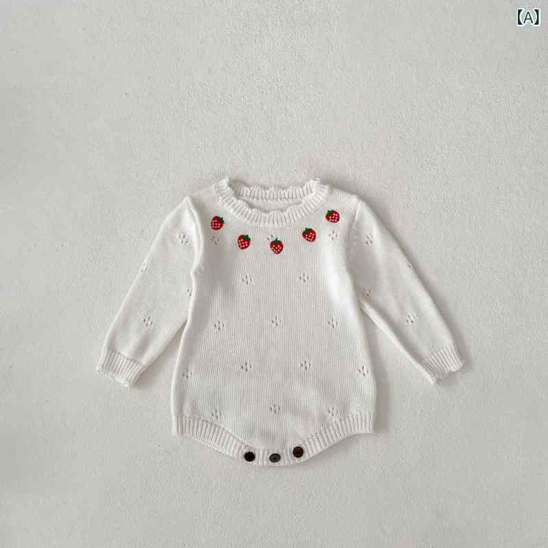 ロンパース ベビー 女の子 春秋 長袖 いちご刺繍 ニット 綿100% 肌に優しい 快適 かわいい カバーオール セーター プルオーバー アイボリー 普段使い お出かけ