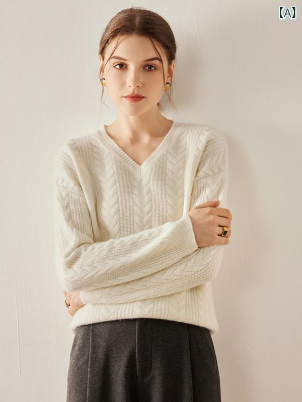 ニット レディース カシミヤ ケーブル編み Vネック ドロップショルダー 厚手 ゆったり オーバーサイズ プルオーバー 着回し 大人カジュアル 秋冬 クロップド丈 ホワイト 青みグレー ボルドー