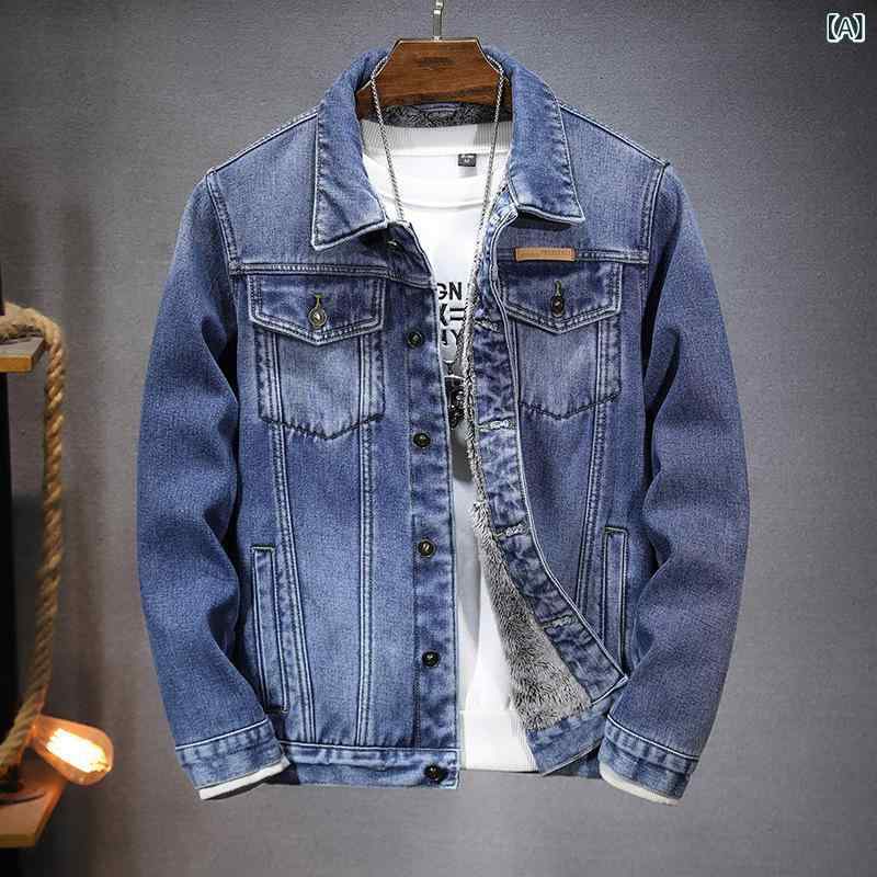 デニムジャケット 男性用 秋冬 裏起毛 ブルー トレンド カジュアル 防風 耐久性 ゆったり ルーズフィット 快適 あったか 普段使い デイリーユース ブルゾン アウター
