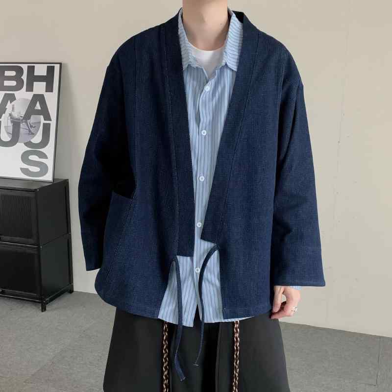 デニムジャケット ユニセックス メンズ レディース カップル 和風 羽織り カーディガン 長袖 ゆったり オーバーサイズ カジュアル ストリート 秋冬 Gジャン デニムブルー｜ラ・グラーヌ