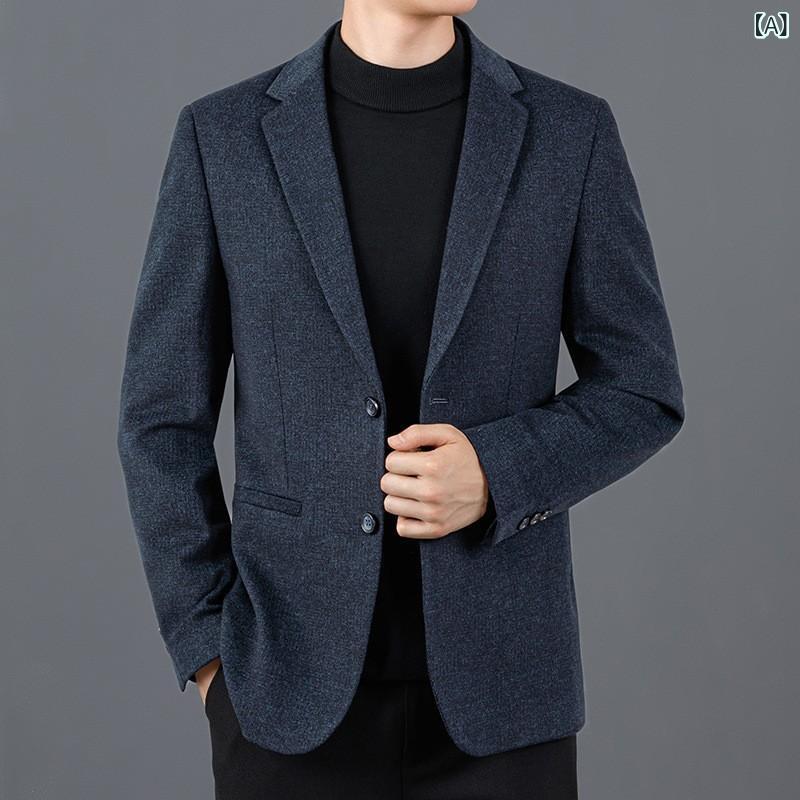 ジャケット メンズ 男性用 ウール 厚手 ビジネス カジュアル スタイリッシュ 中高年向け 着回し チェック柄 ロイヤルブルー スリムフィット シングル2つボタン テーラードカラー 秋冬｜ラ・グラーヌ