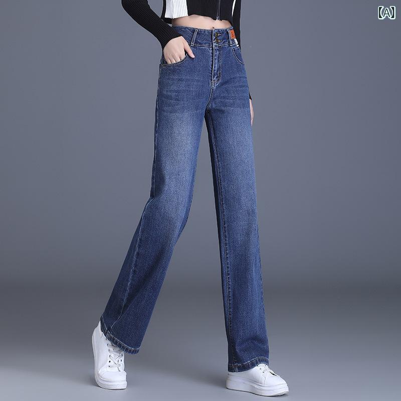 デニムパンツ レディース ワイド ストレート ルーズフィット ハイウエスト 落ち感 ドレープ スタイルアップ フルレングス コットン 微ストレッチ 伸縮性 通勤 オフィス カジュアル 普段使い ブルー ブラック 中厚手