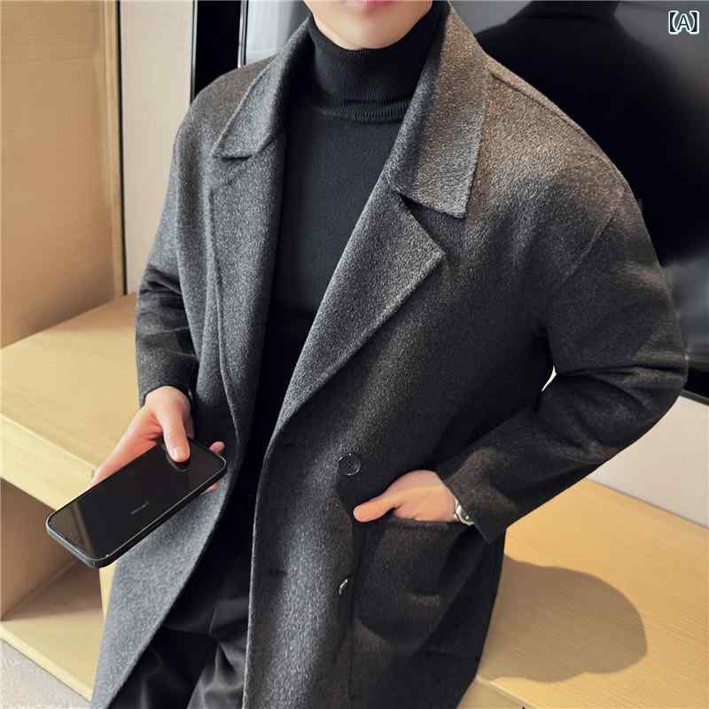 コート アウター メンズ 男性用 秋冬 ウール カシミヤ ダブルブレスト ダブルフェイス 両面ウール ミドル丈 ゆったりシルエット 高級感 タウンユース ビジネス カジュアル ダークグレー ブラウン