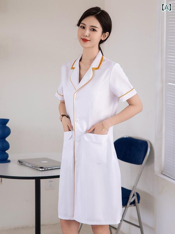 白衣 レディース 美容師 エステティシャン 皮膚管理 医療現場 ユニフォーム 作業着 七分袖 半袖 吸湿速乾 襟付き ミドル丈 ポリエステル 綿 オールシーズン 上質