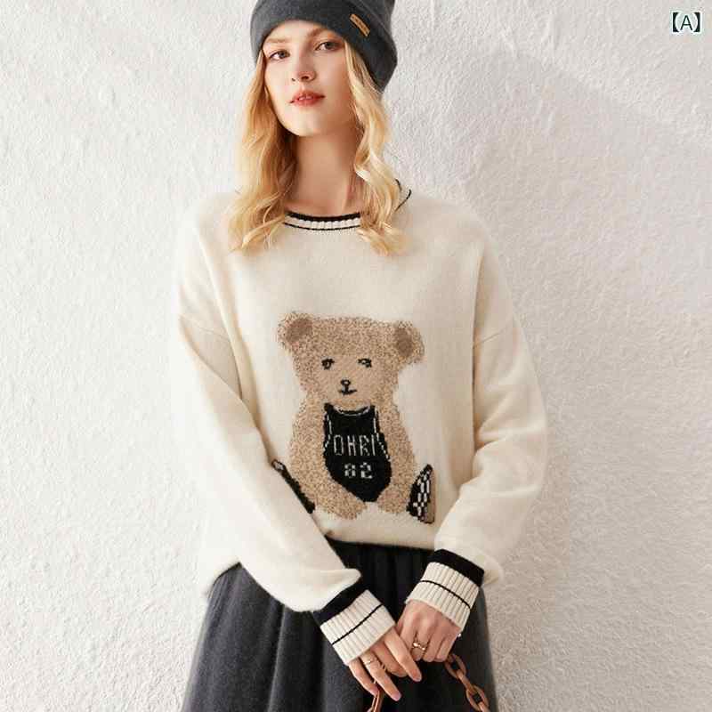 トップス レディース 純カシミヤ 100% 厚手 セーター 秋冬 ラウンドネック 丸首 ドロップショルダー カートゥーン柄 ジャガード 上品 カジュアル プルオーバー