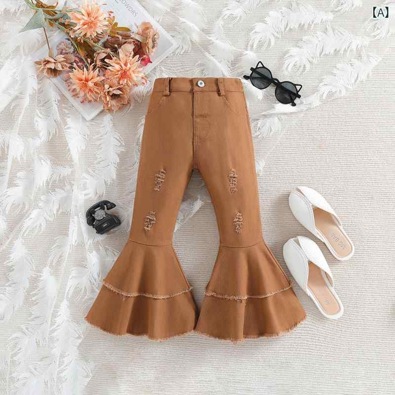 パンツ 女の子 ガールズ キッズ 秋冬 フレア ワイドパンツ ベルボトム ロング丈 ハイウエスト ゴムウエスト 綿 コットン 伸縮性 カジュアル 通学 普段使い ゆったり 欧米風 無地