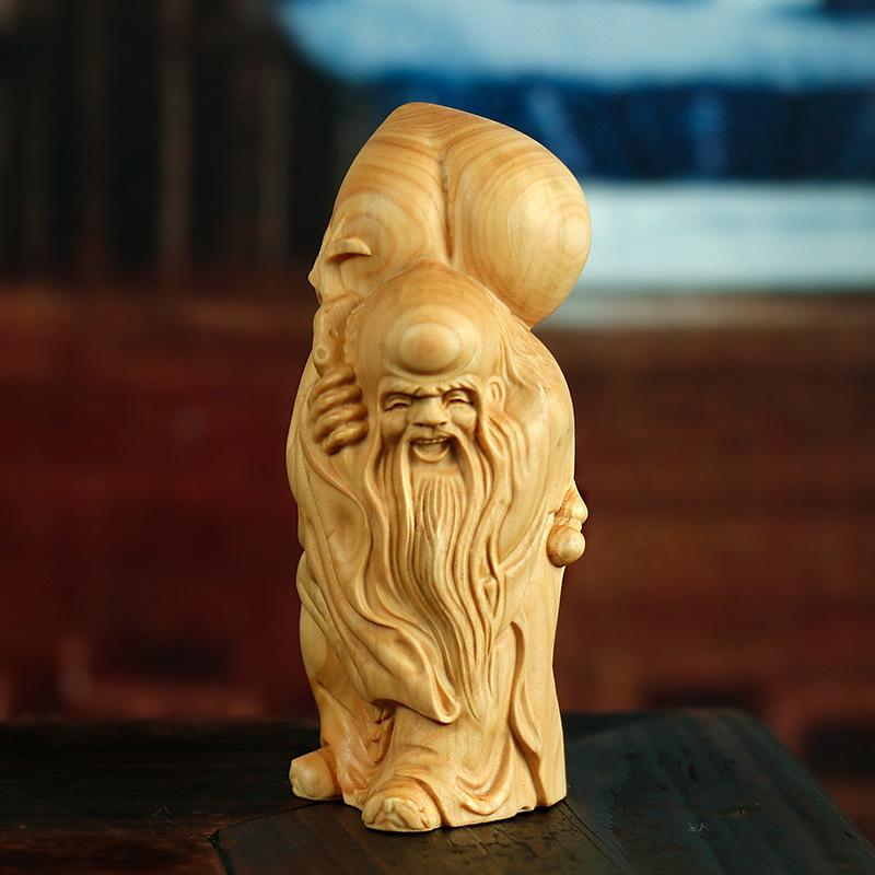 置物 つげの木 木彫り 彫刻 研磨 中国風 仙人 寿老人 福禄寿 人物像 誕生日 賀寿祝い 記念品 ギフト 贈答品 リビング インテリア 飾り