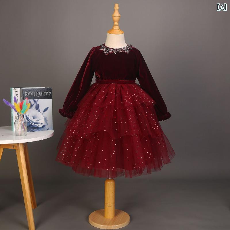 ドレス ガールズ 子供用 キッズ チュール ピアノ発表会 演奏会 結婚式 パーティー フォーマル プリンセス ロング丈 長袖 ボリュームスカート 綿 裏地 秋冬 ワインレッド 赤