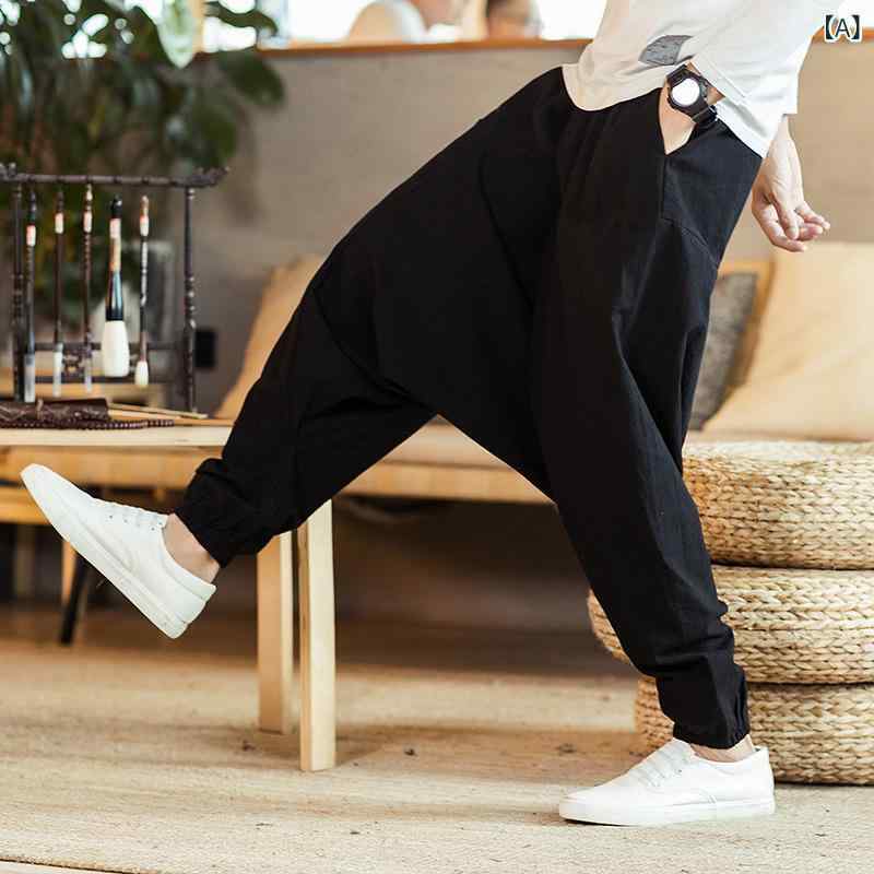 パンツ メンズ 男性用 中国風 ヒップホップ サルエルパンツ ドロップクロッチ テーパード ゆったり ルーズフィット 綿麻 コットンリネン 大きいサイズ ビッグサイズ カジュアル スポーツ アウトドア 普段使い ストレッチ