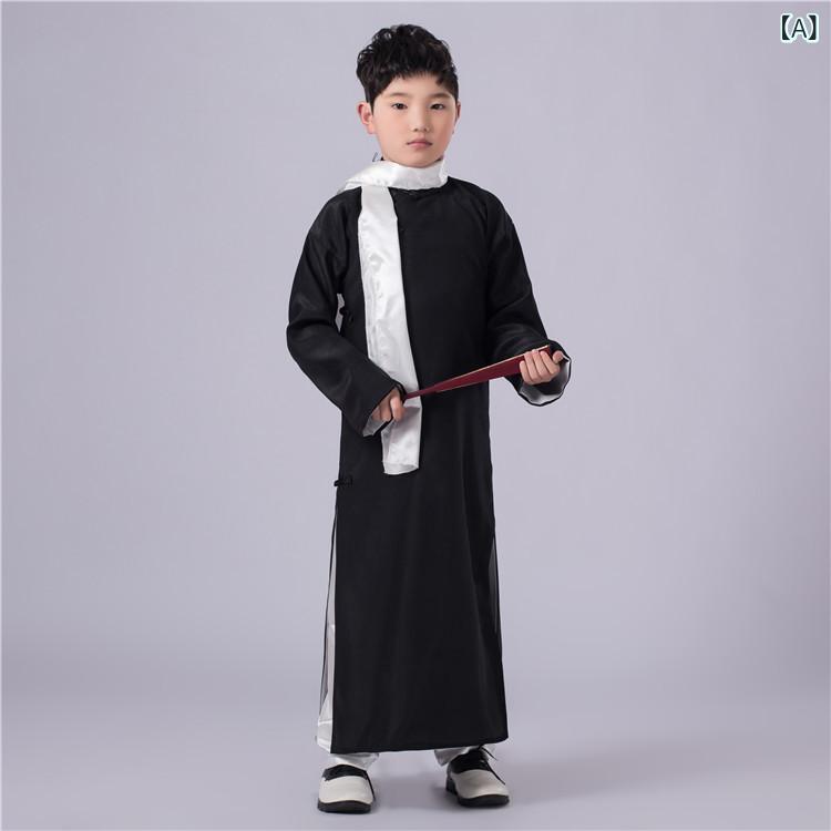 舞台衣装 男の子用 キッズ 民国風 チャイナ服 長袍 学生服 発表会 演劇 漫才衣装 学芸会 イベント コスプレ ポリエステル混紡 麻混 柔らかい ロング丈 黒 ワインレッド グレー ネイビー ブルー