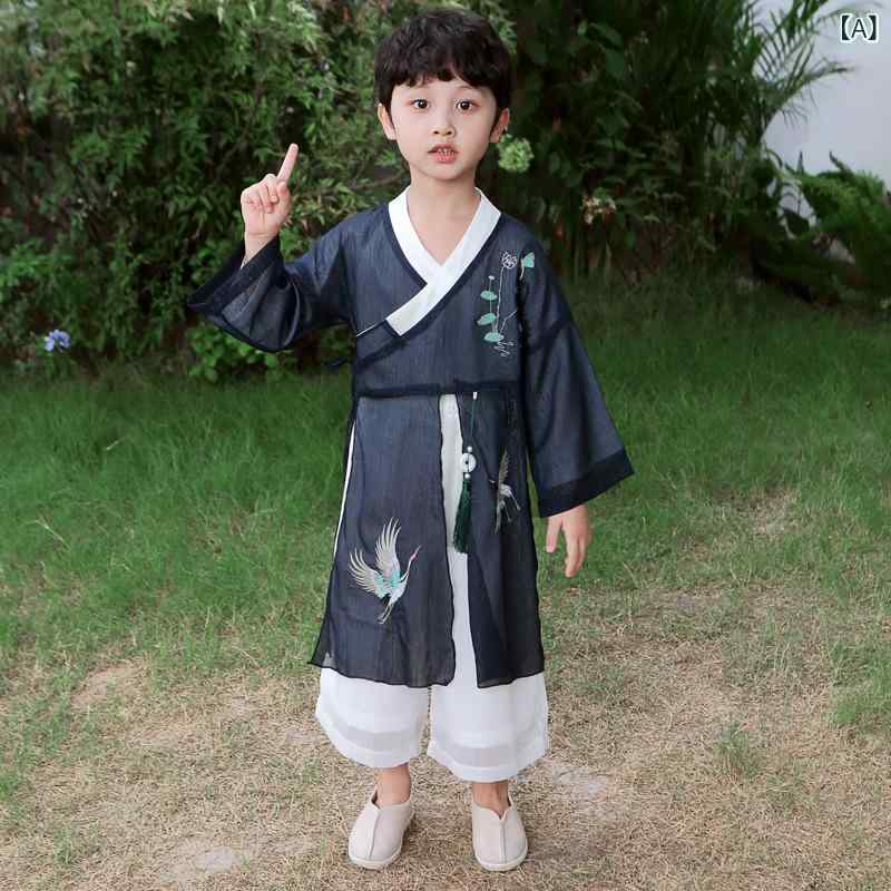 キッズ 男の子 女の子 兼用 漢服 唐装 チャイナドレス風 ロング丈 ワンピース 発表会 舞台衣装 幼稚園制服 中国風 シフォン ポリエステル 薄手 かわいい 紺色 ダークグリーン