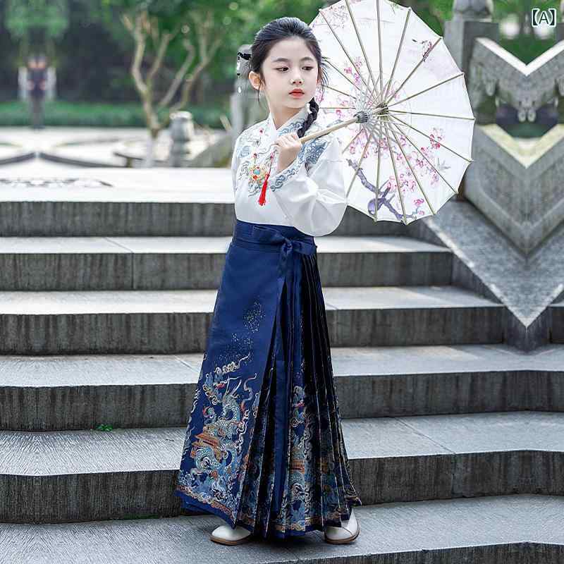 馬面スカート 女児 キッズ 女の子 漢服 唐装 中華風 古風 伝統衣装 上品 華やか 薄手 雲龍ブルー ポリエステル混紡 ワンピース ドレス 普段使い お出かけ 発表会 イベント