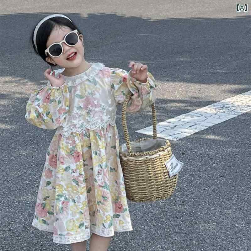 ワンピース キッズ 女の子 春秋 韓国風 コットン 綿100% 田園風 小花柄 バラ柄 レース フリル パフスリーブ 長袖 プリンセスドレス かわいい おしゃれ