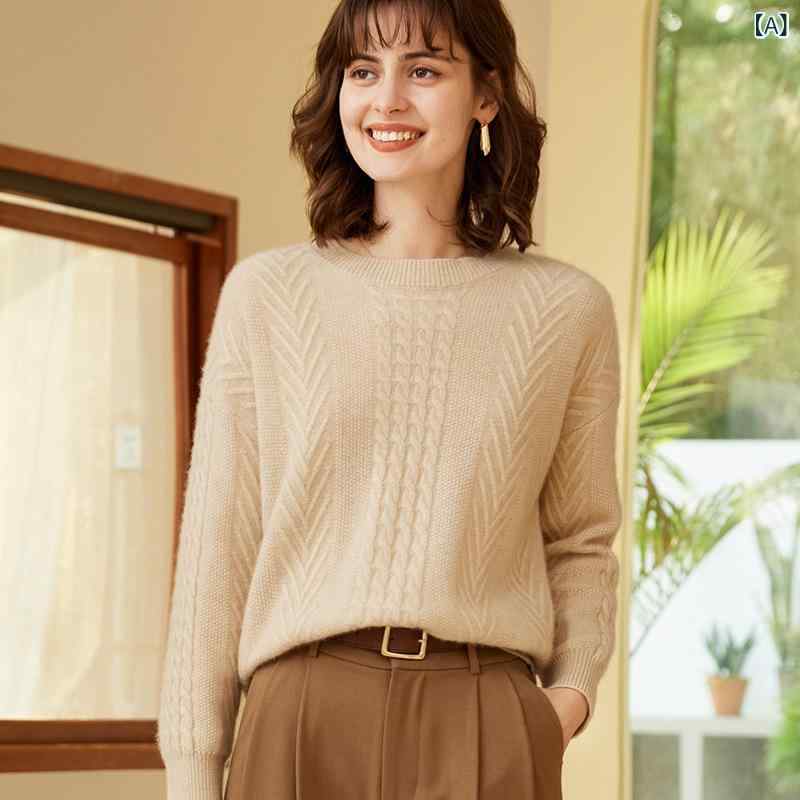 ニット セーター レディース 女性用 100%純カシミヤ ラウンドネック 丸首 ドロップショルダー 厚手 ケーブル編み V字編み柄 プルオーバー 長袖 秋冬 上品 高級感 通勤 普段使い