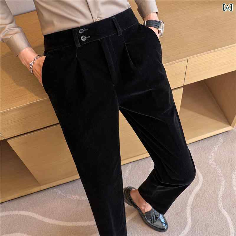 パンツ メンズ 裏起毛 ベロア ベルベット 高級感 厚手 スリム 細身 ストレート テーパード ストレッチ 伸縮性 ウエストゴム 快適 カジュアル スラックス ロングパンツ 長ズボン 秋冬 ブラック 黒 日常使い 通勤 ビジネス