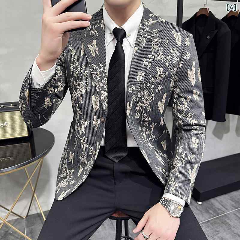 テーラードジャケット 男性用 秋冬 韓国風 スリムフィット 1つボタン 小花柄 シワになりにくい ポリエステル混紡 カジュアル アウター ダークグレー カーキ デイリーユース