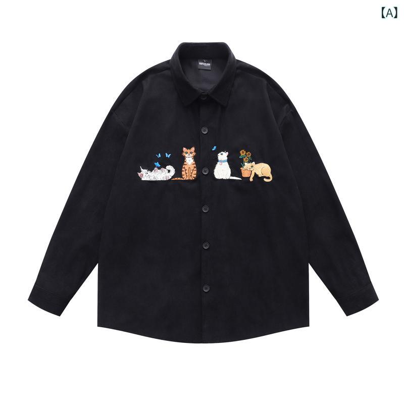 シャツ メンズ ユニセックス カップル 日系 かわいい 猫 刺・墸 コーデュロイ 長袖トップス ゆったり ルーズフィット 春秋 普段使い カジュアルスタイル