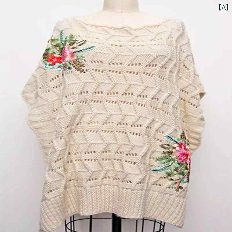 ニット レディース セーター 刺繍 民族風 ボヘミアン プルオーバー 透かし編み ショール ポンチョ アクリル 手編み 春秋冬 保温 暖かい 大人かわいい カジュアル トップス 羽織り