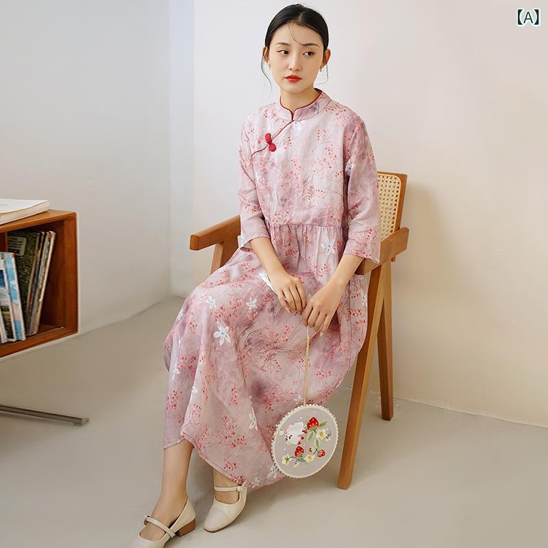 ワンピース レディース 春夏 綿麻 苧麻 レトロ チャイナ風 花柄 ウエストマーク 着痩せ スタンドカラー 九分袖 Aライン フレア ミディ丈 エレガント