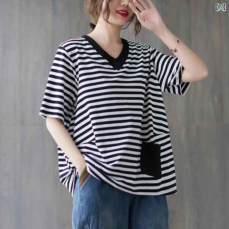 Tシャツ レディース 春夏 韓国ファッション Vネック 配色 ストライプ柄 ゆったり ビッグシルエット カジュアル 綿素材 ポケット付き 半袖 トップス カットソー 普段使い リラックスウェア レトロスタイル